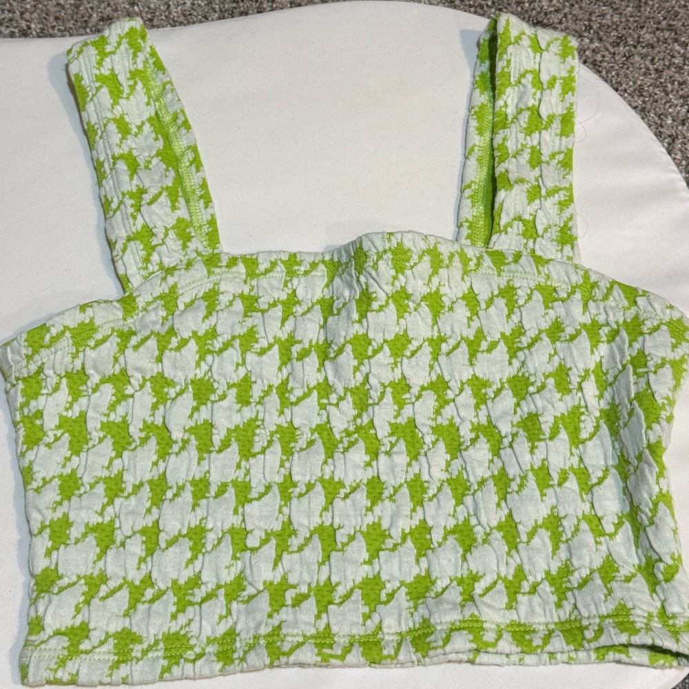 Green and White Houndstooth Crop Top